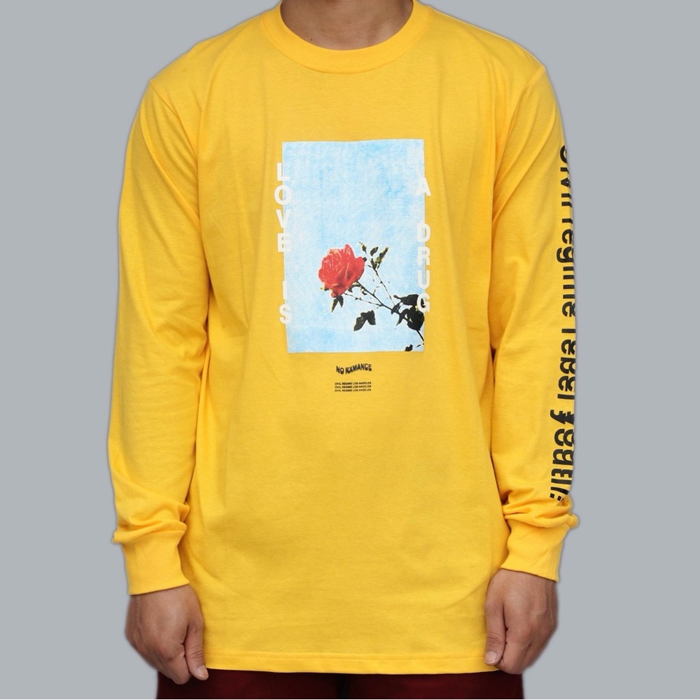 Civil Regime Golden Yellow ‘Love Is A Drug’ Long Sleeve Tee Size Small